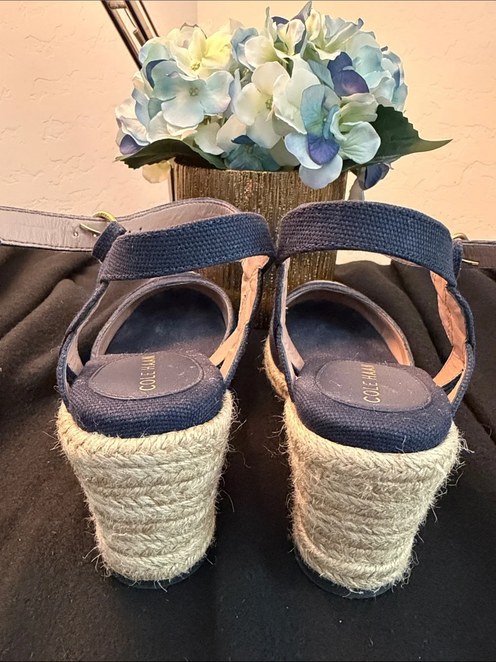 Cole Haan Navy Canvas Espadrille Wedge Sandals with Ankle Strap 3 in heels
